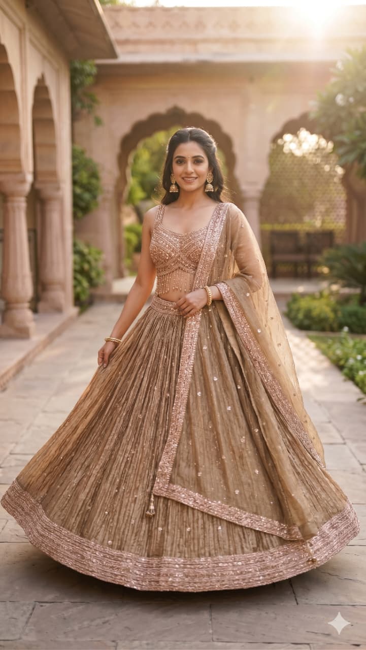 Champagne Gold Crush Organza Lehenga Choli Set with Fringe Blouse .