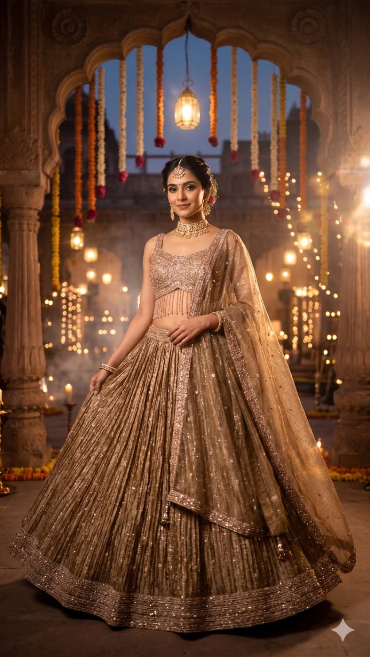 Champagne Gold Crush Organza Lehenga Choli Set with Fringe Blouse .