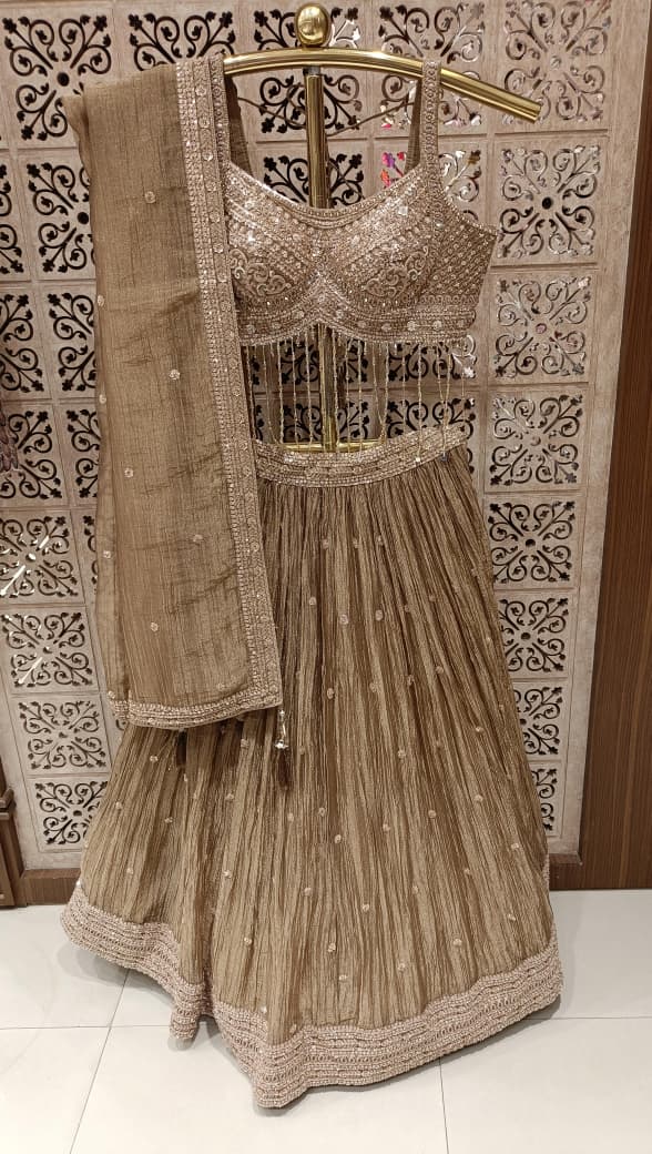 Champagne Gold Crush Organza Lehenga Choli Set with Fringe Blouse .