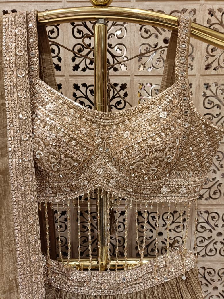 Champagne Gold Crush Organza Lehenga Choli Set with Fringe Blouse .