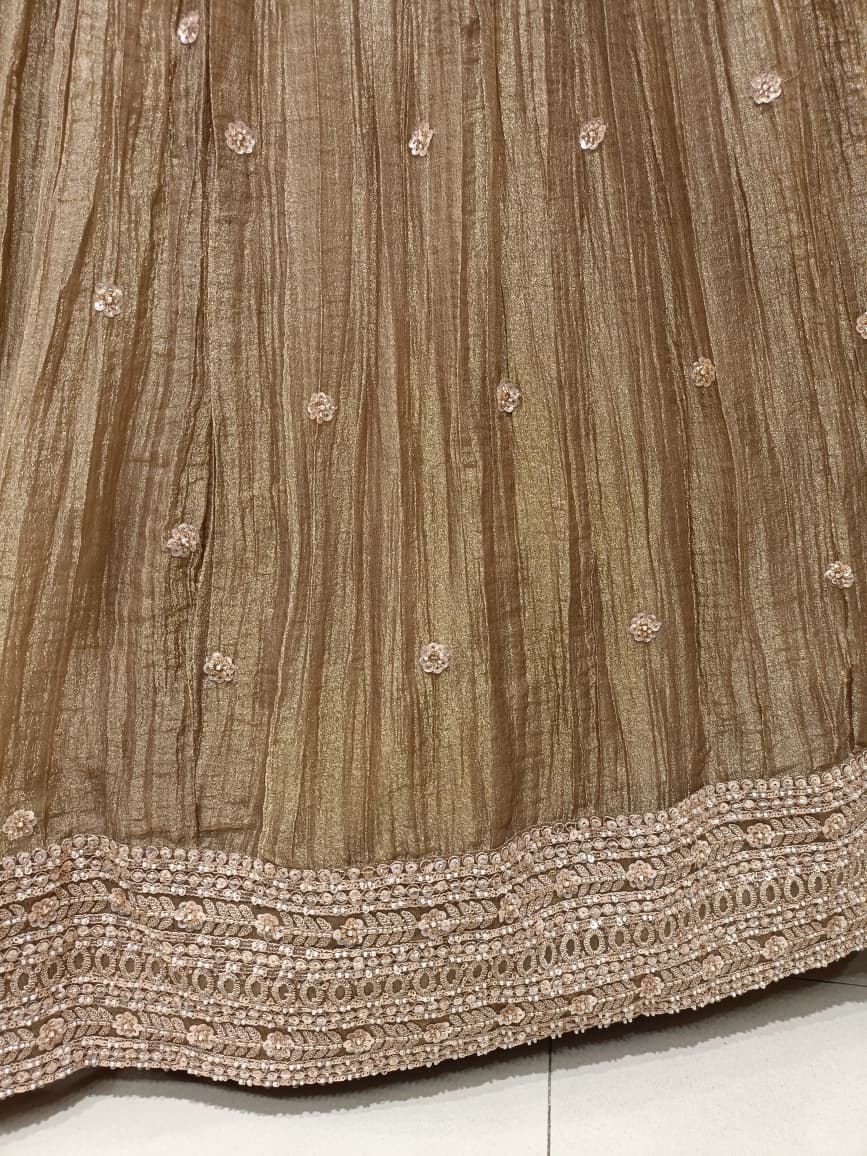 Champagne Gold Crush Organza Lehenga Choli Set with Fringe Blouse .