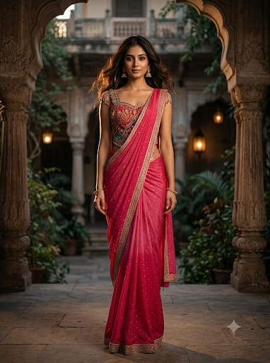 Rani Pink Georgette Ready-to-Wear Saree with Cold-Shoulder Fringe Blouse .