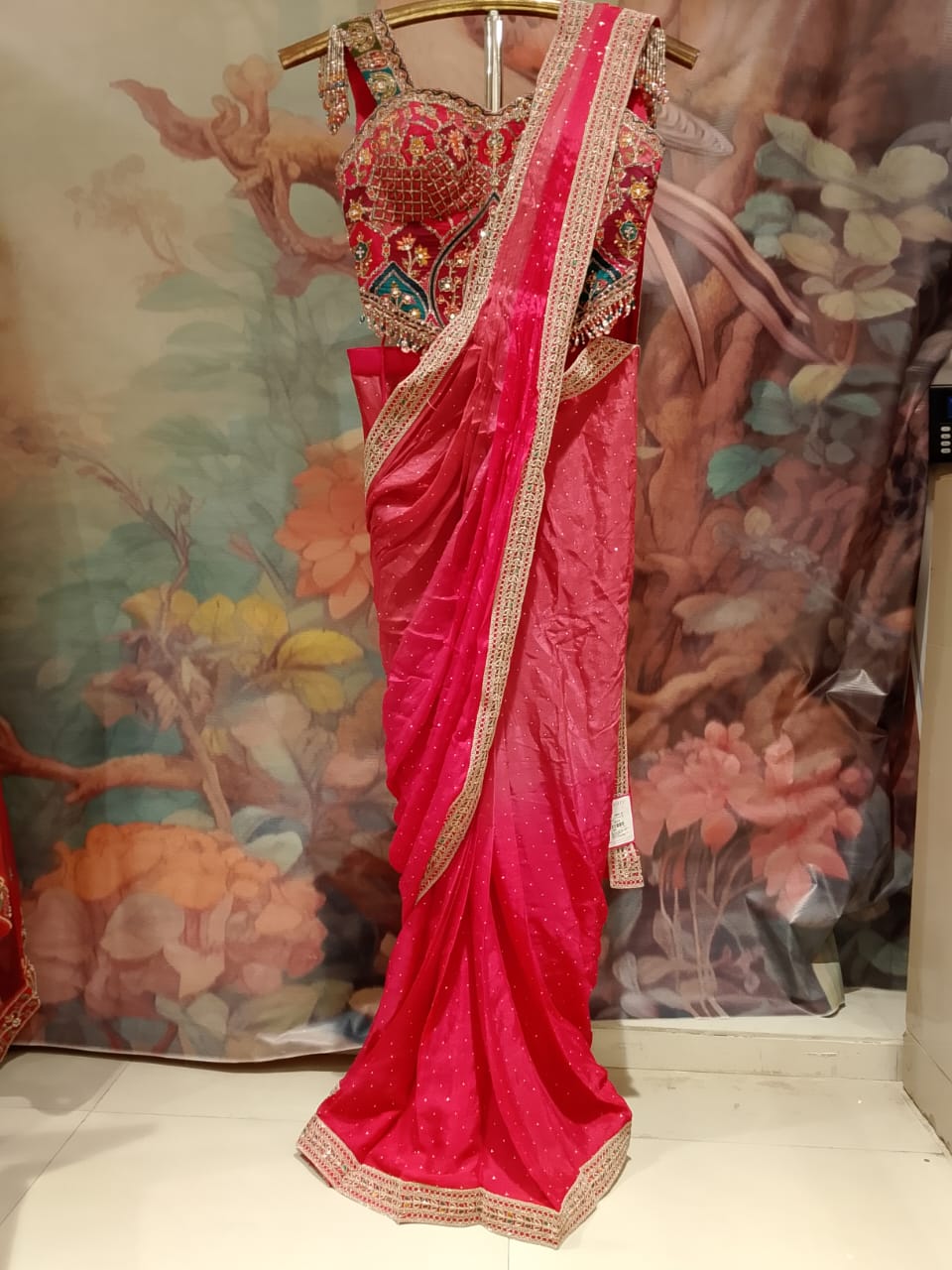 Rani Pink Georgette Ready-to-Wear Saree with Cold-Shoulder Fringe Blouse .