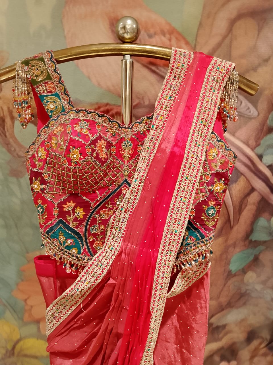 Rani Pink Georgette Ready-to-Wear Saree with Cold-Shoulder Fringe Blouse .