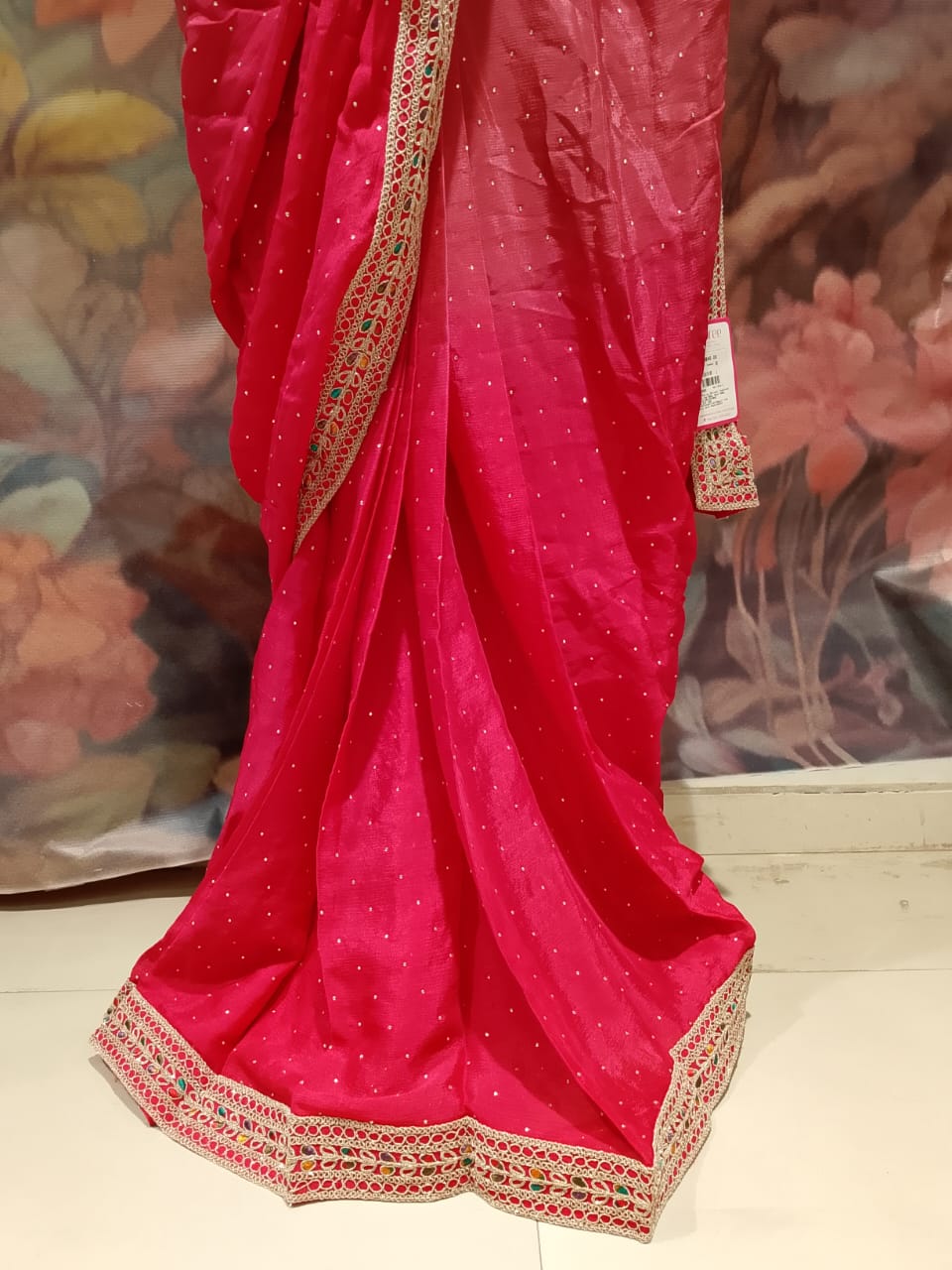 Rani Pink Georgette Ready-to-Wear Saree with Cold-Shoulder Fringe Blouse .