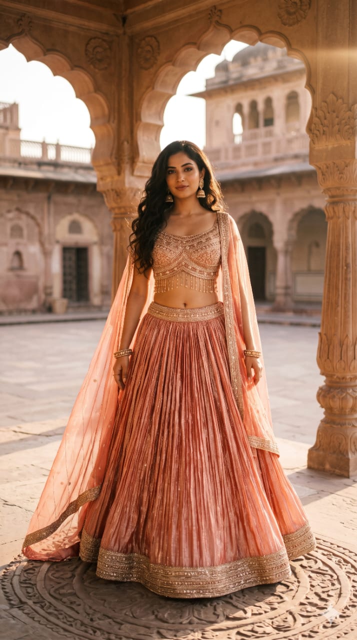 Warm Rose Gold Crush Organza Lehenga Choli Set with Crystal Fringe.