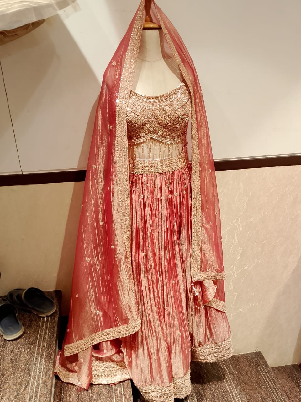 Warm Rose Gold Crush Organza Lehenga Choli Set with Crystal Fringe.