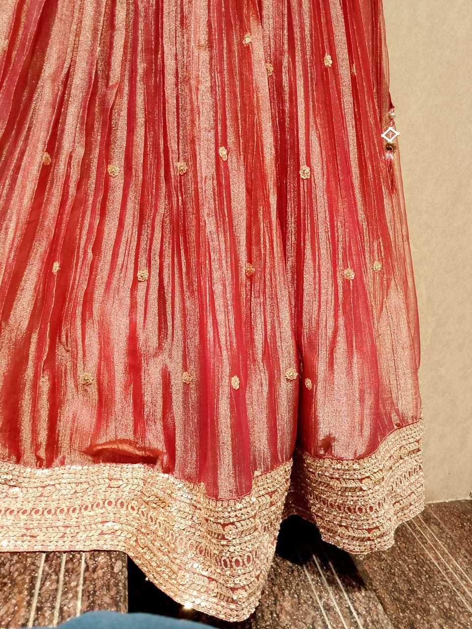 Warm Rose Gold Crush Organza Lehenga Choli Set with Crystal Fringe.