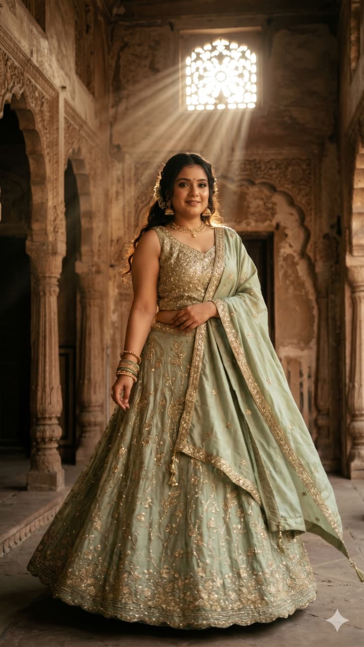 Sage Green Metallic Satin Silk Lehenga Choli Set with Floral Embroidery.