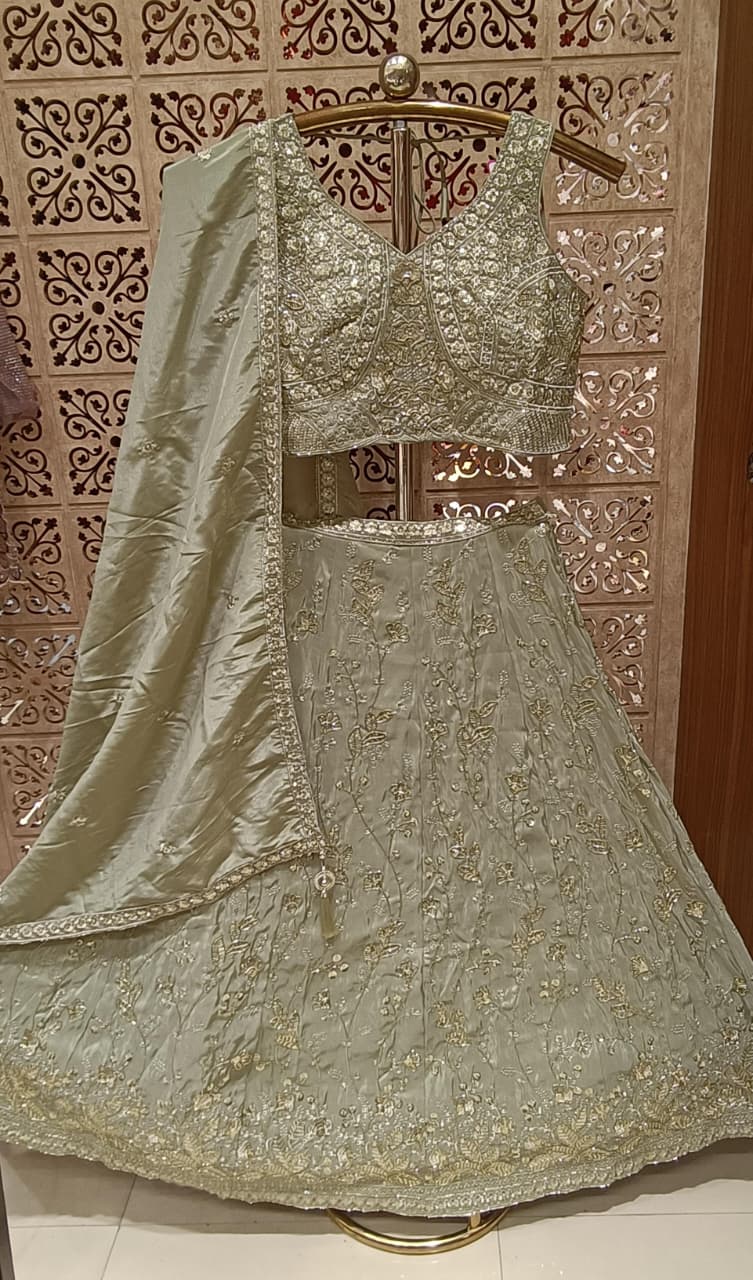 Sage Green Metallic Satin Silk Lehenga Choli Set with Floral Embroidery.