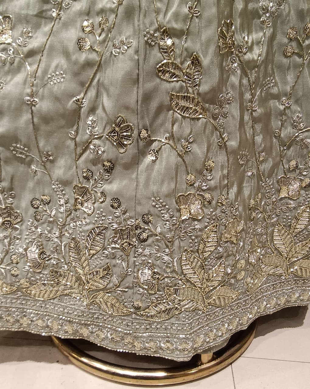 Sage Green Metallic Satin Silk Lehenga Choli Set with Floral Embroidery.