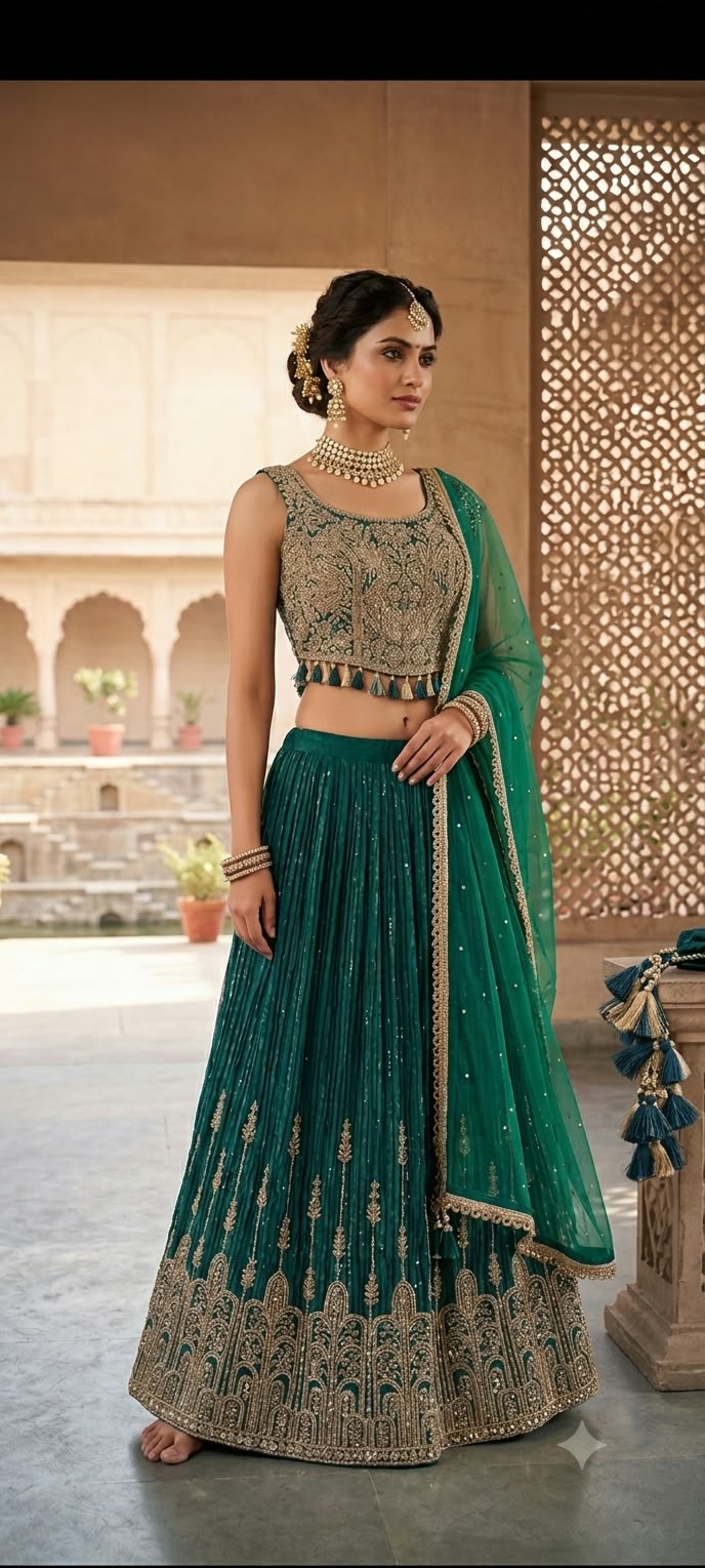 Emerald Green Satin Silk Lehenga Choli Set with Heavy Tassel Blouse.