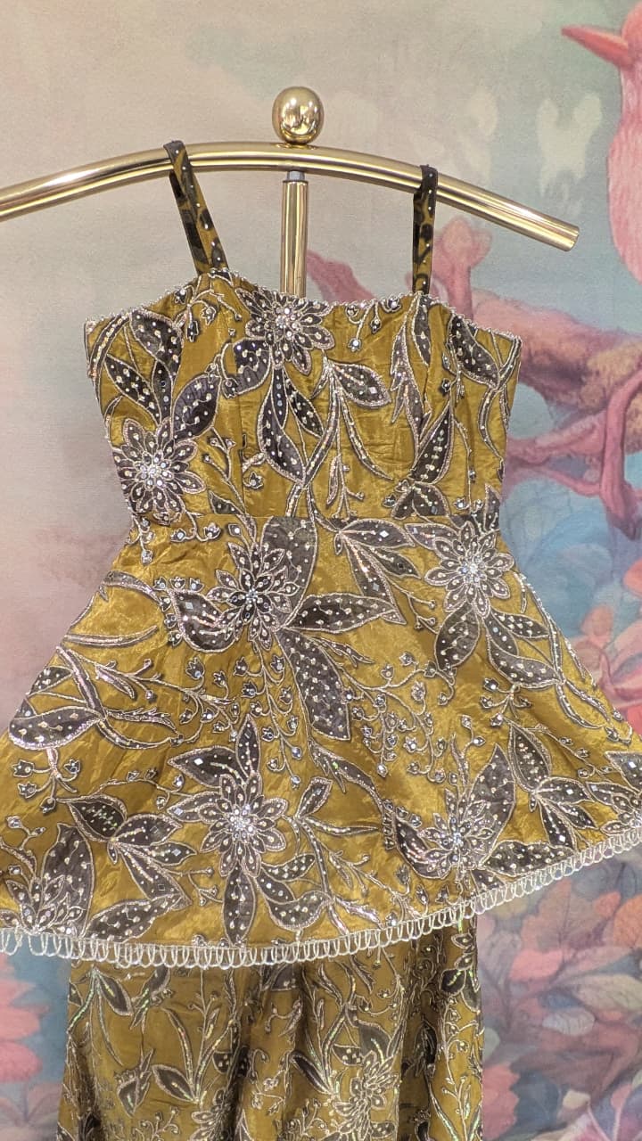 Olive Gold Satin Silk Palazzo Set with Embroidered Peplum Kurti and Dupatta.