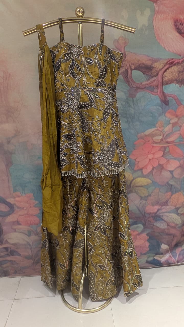 Olive Gold Satin Silk Palazzo Set with Embroidered Peplum Kurti and Dupatta.