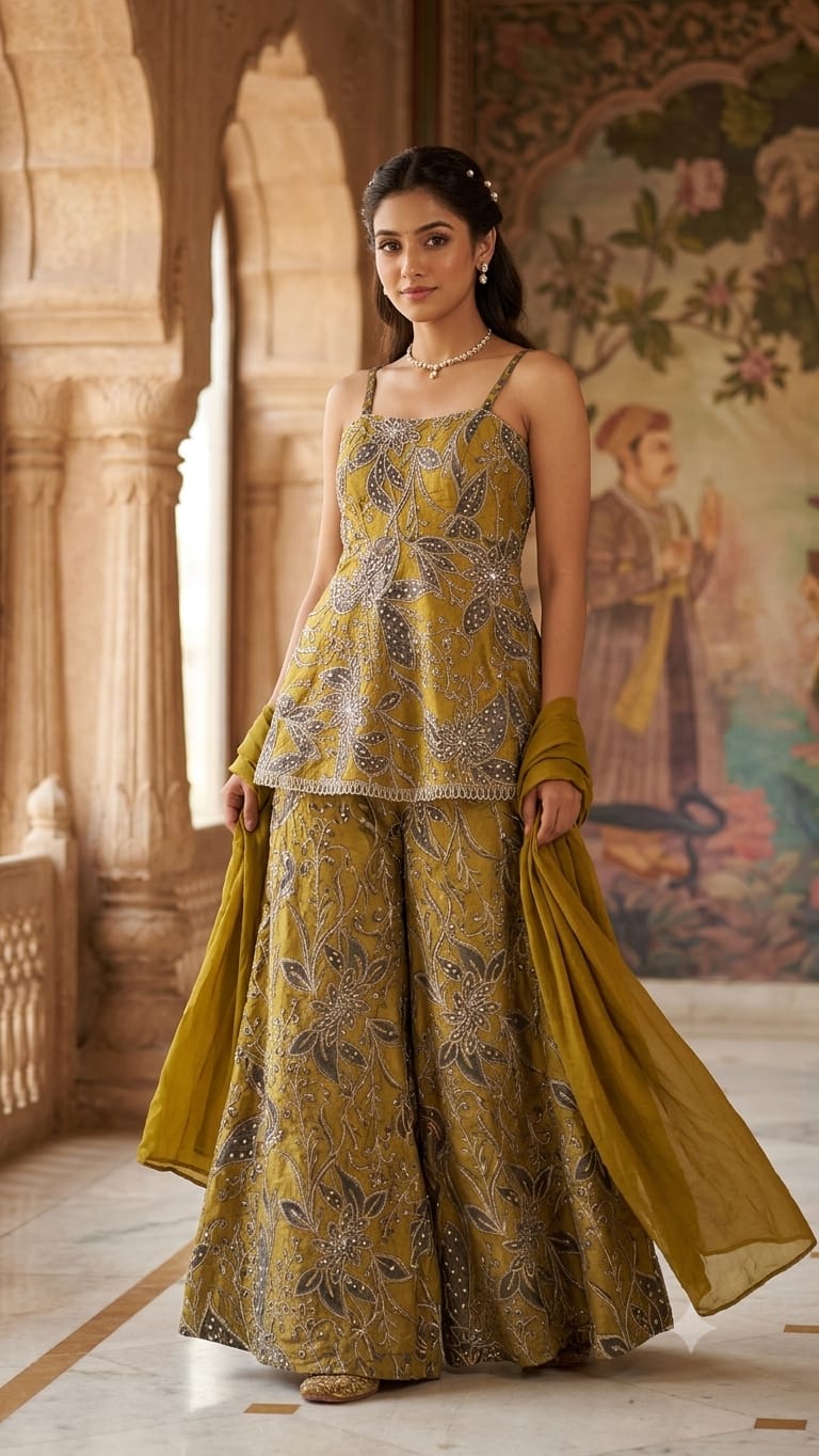 Olive Gold Satin Silk Palazzo Set with Embroidered Peplum Kurti and Dupatta.