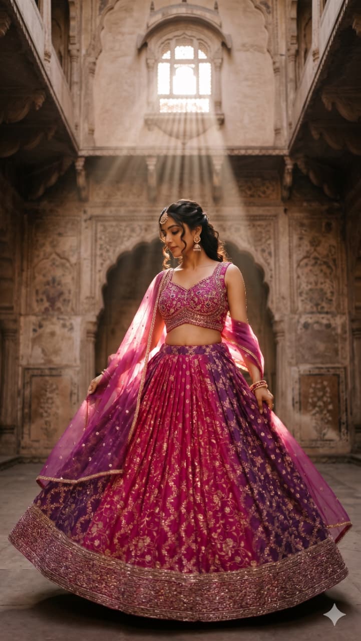 Rani Pink three-piece lehenga choli ensemble showcases a lively fusion of traditional and modern styling