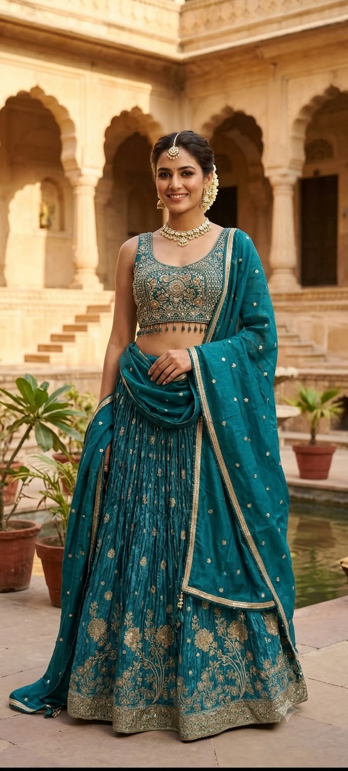 This regal three-piece teal lehenga choli royal elegance with its deep jewel tones and traditional gold artistry
