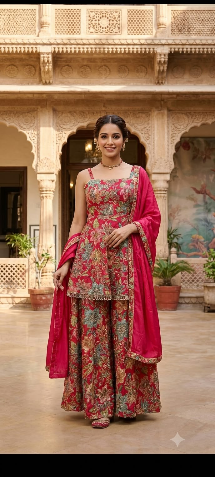 three-piece Palazzo Suit set (rather than a traditional lehenga choli), featuring a long, strappy peplum kurti paired with flared Palazzo pants and a matching dupatta