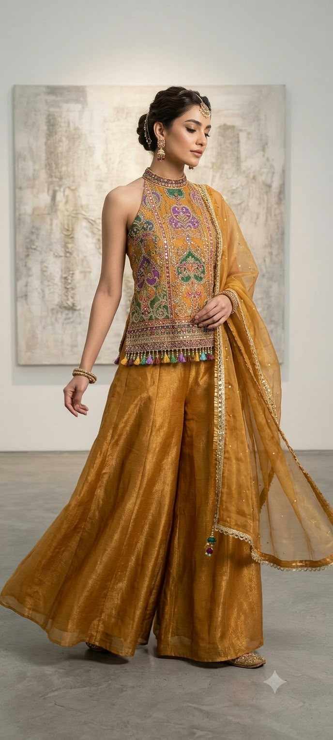 Three-piece luxury palazzo Set featuring a contemporary halter-neck tunic, heavily flared pants, and a sheer dupatta.
