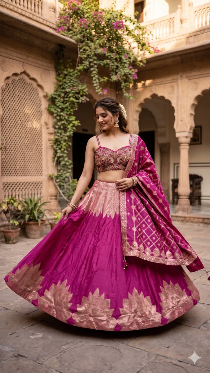 Three-piece luxury lehenga choli ensemble beautifully marries modern geometric design with traditional Indian opulence,