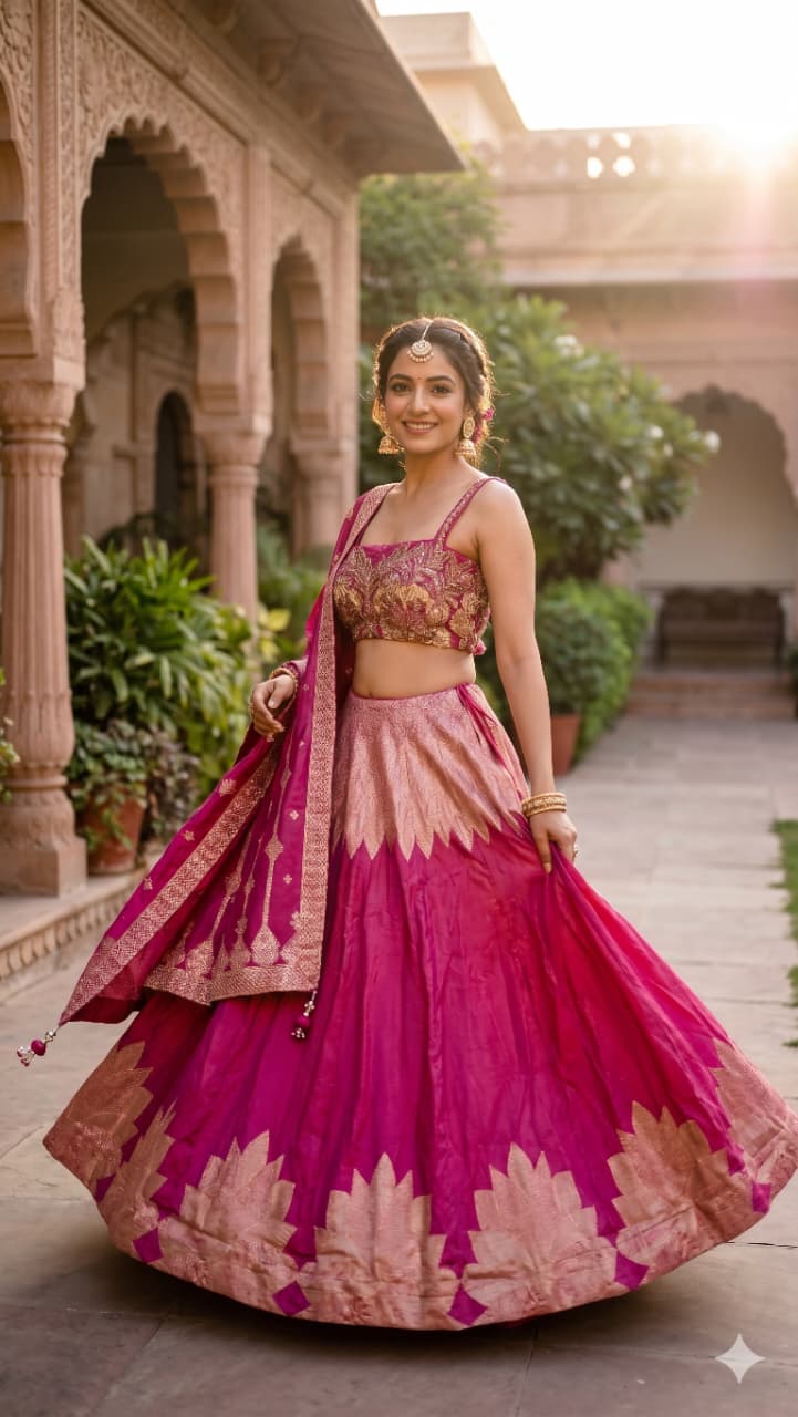Three-piece luxury lehenga choli ensemble beautifully marries modern geometric design with traditional Indian opulence,
