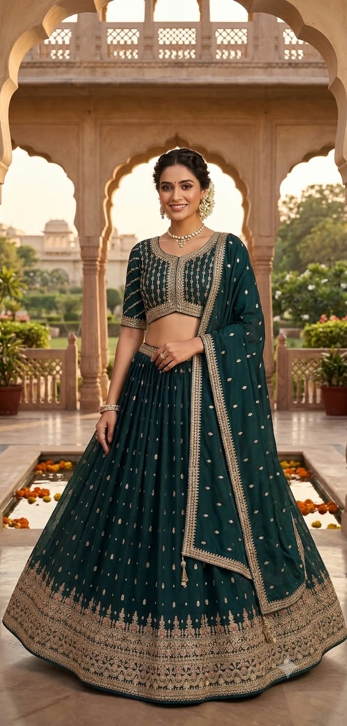 Bottle Green Embroidered Georgette Lehenga Choli Set