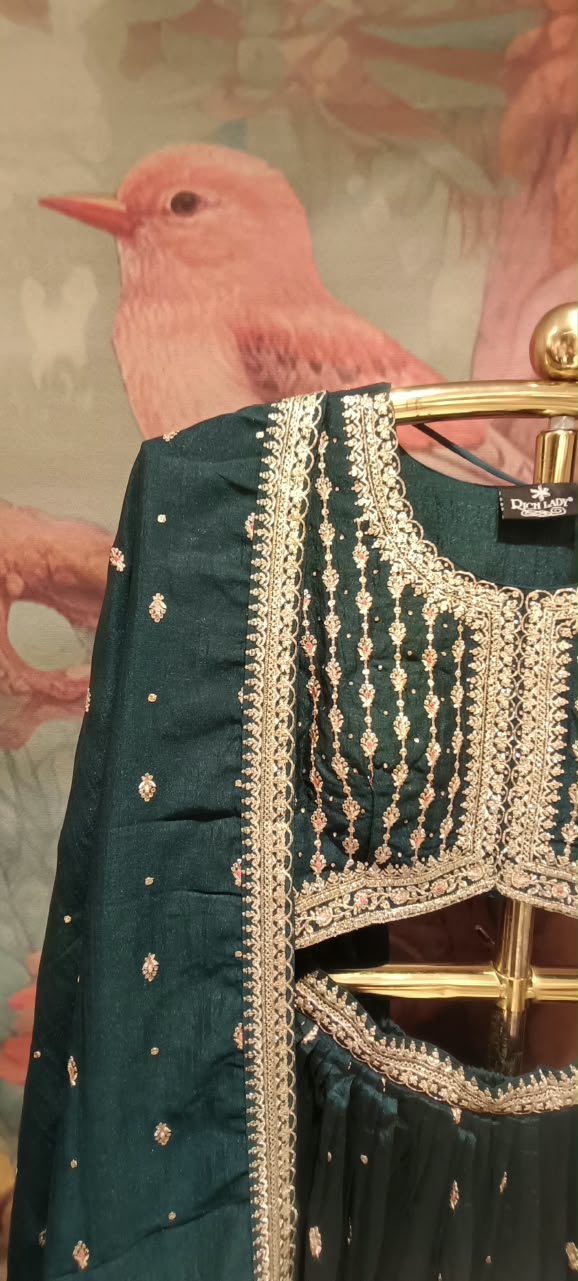Bottle Green Embroidered Georgette Lehenga Choli Set