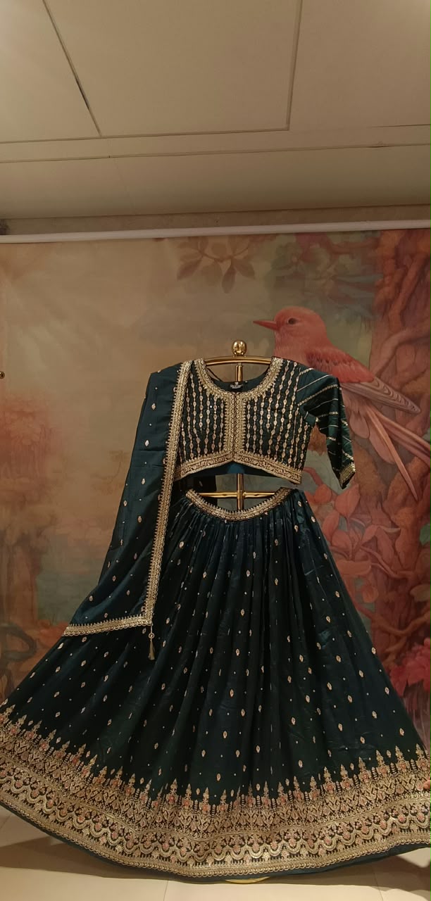 Bottle Green Embroidered Georgette Lehenga Choli Set