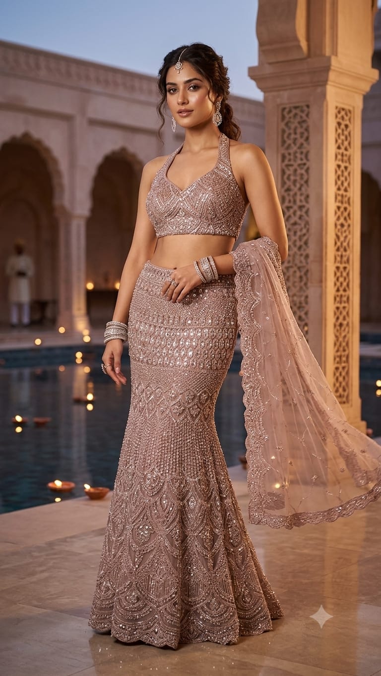 Dusty Mauve Pink Fish-Cut Lehenga Set with Halter Neck Blouse and Sheer Dupatta.