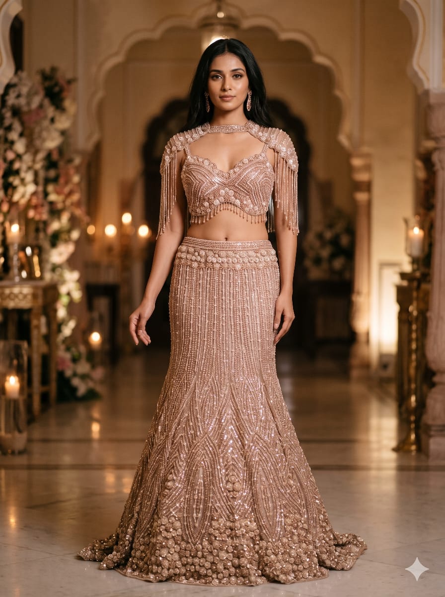 Champagne Gold Fish-Cut Net Lehenga Set with Pearl Fringe Blouse and Cape .