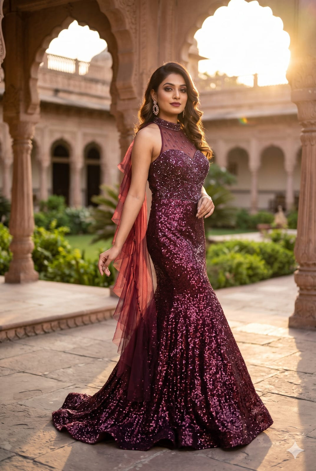 Wine Plum Red Sequined Fish-Cut Gown with Sheer Halter Neck and Cascading Ruffle Cape