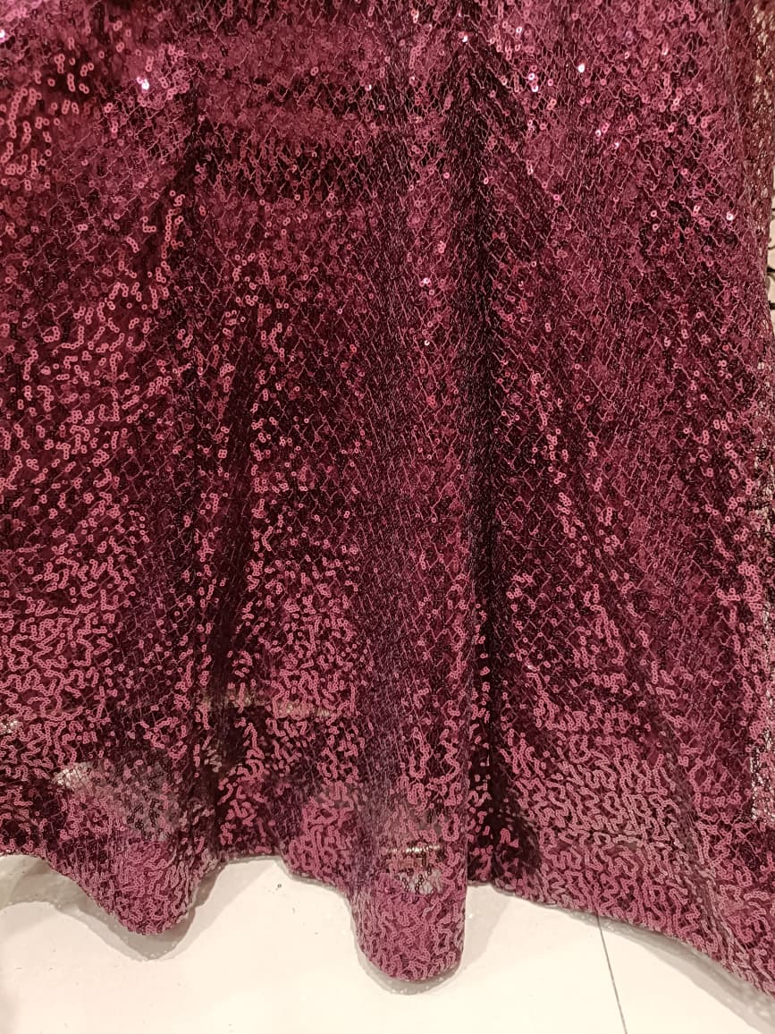 Wine Plum Red Sequined Fish-Cut Gown with Sheer Halter Neck and Cascading Ruffle Cape