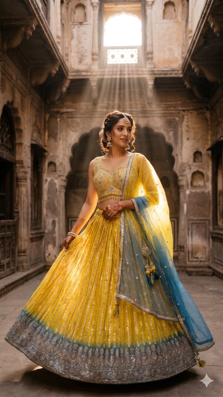 Yellow Simmer Silk Lehenga Choli Set with Turquoise Ombre Border.