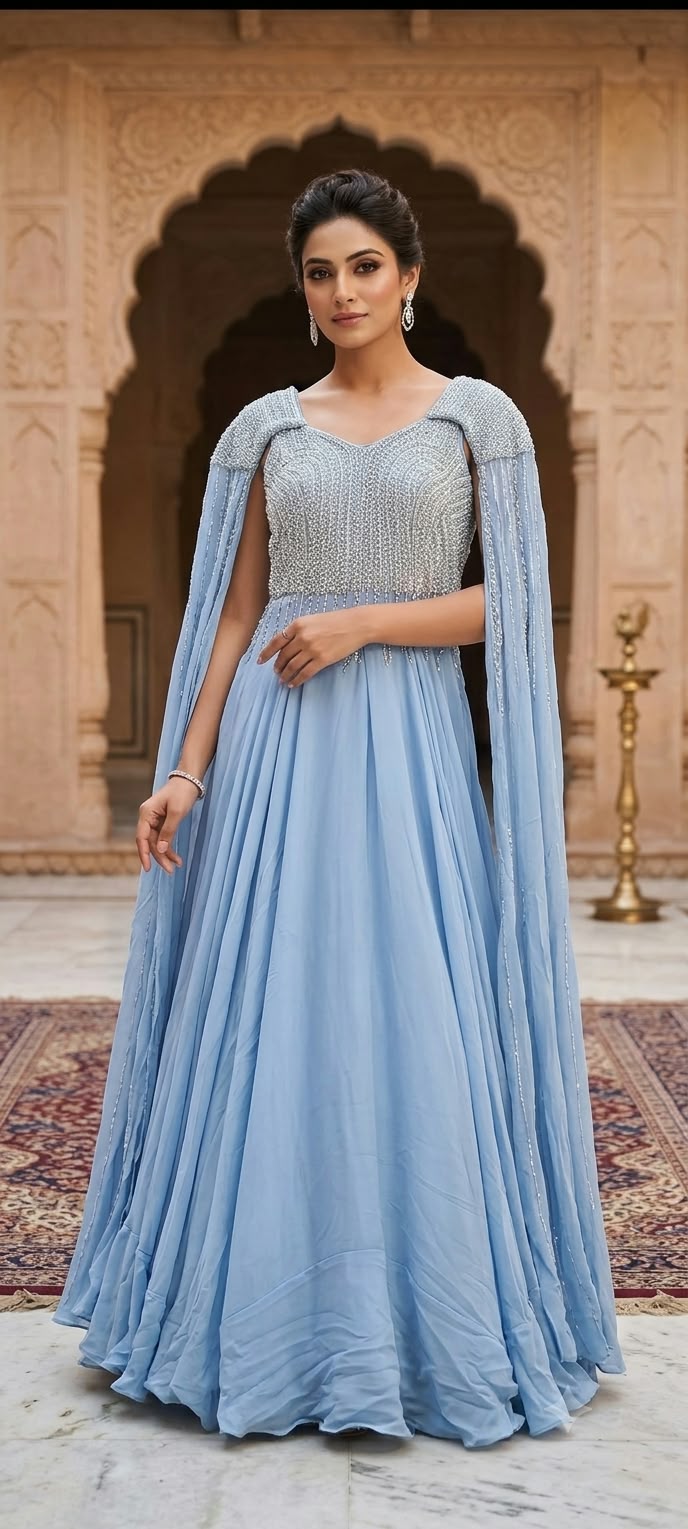 Ice Blue Georgette Evening Gown with Heavily Embroidered Bodice and Attached Cape Sleeves