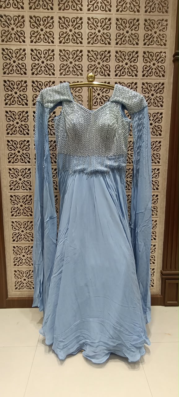 Ice Blue Georgette Evening Gown with Heavily Embroidered Bodice and Attached Cape Sleeves