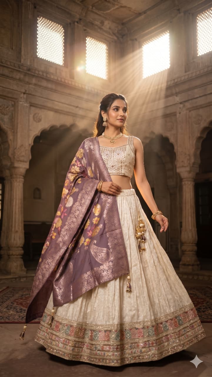 Ivory Cream Silk Lehenga Set with Mauve Banarasi Dupatta.