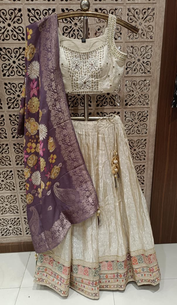 Ivory Cream Silk Lehenga Set with Mauve Banarasi Dupatta.