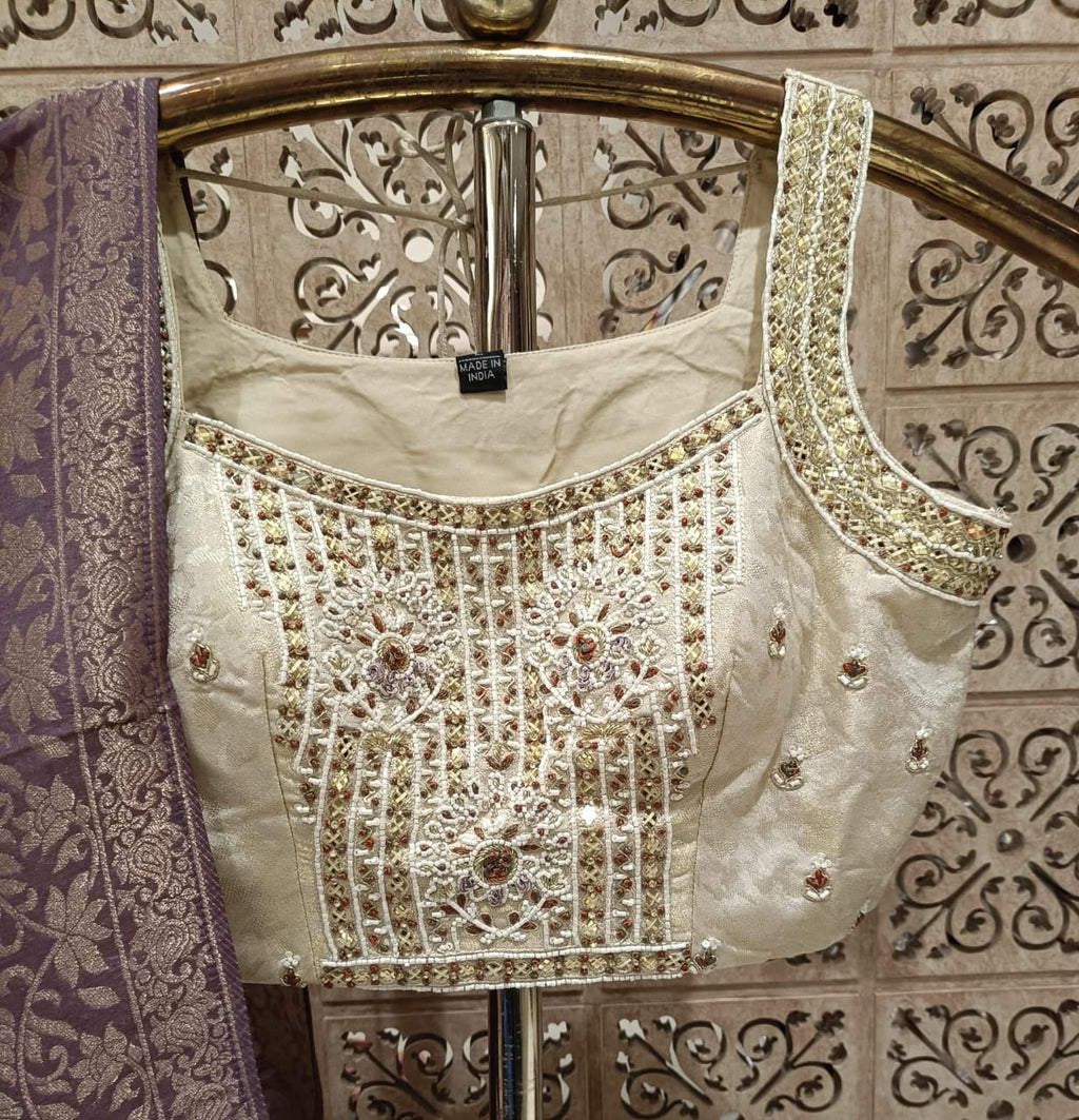 Ivory Cream Silk Lehenga Set with Mauve Banarasi Dupatta.