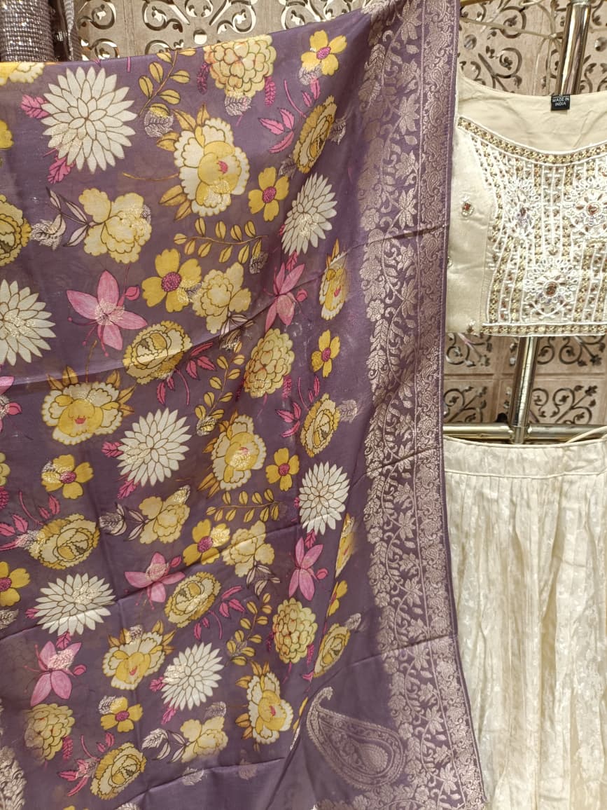 Ivory Cream Silk Lehenga Set with Mauve Banarasi Dupatta.