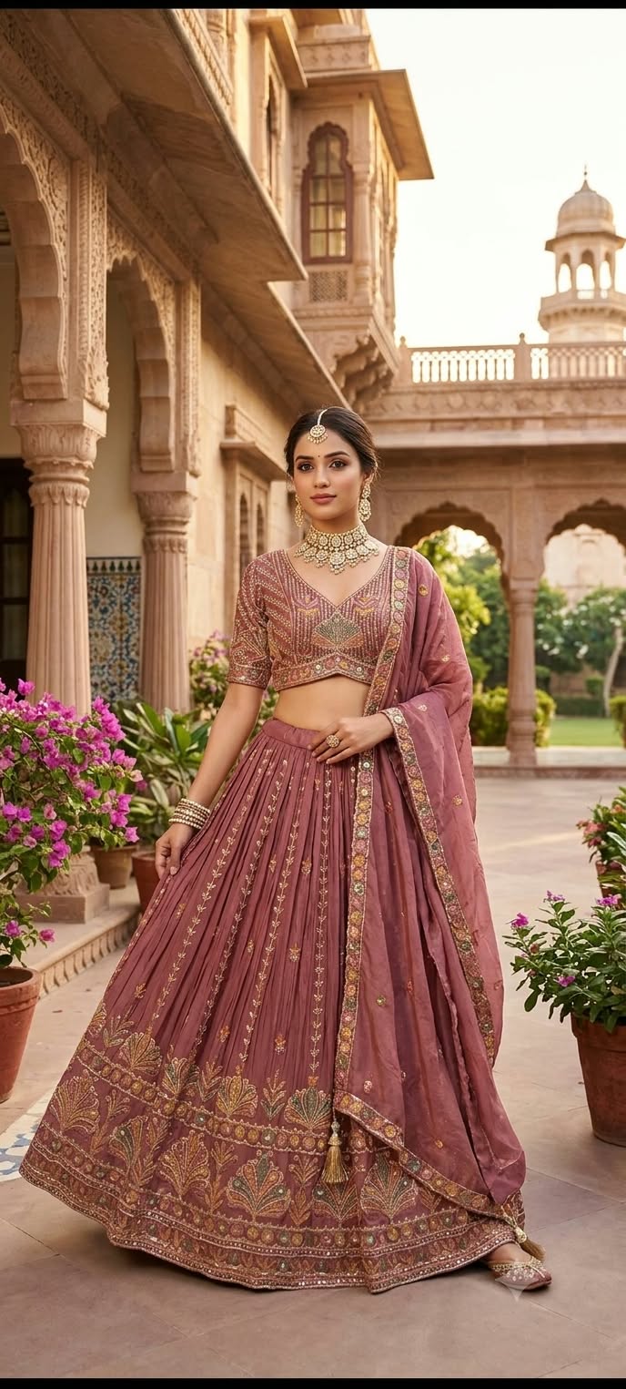 Dusty Rose Embroidered Georgette Lehenga Choli set