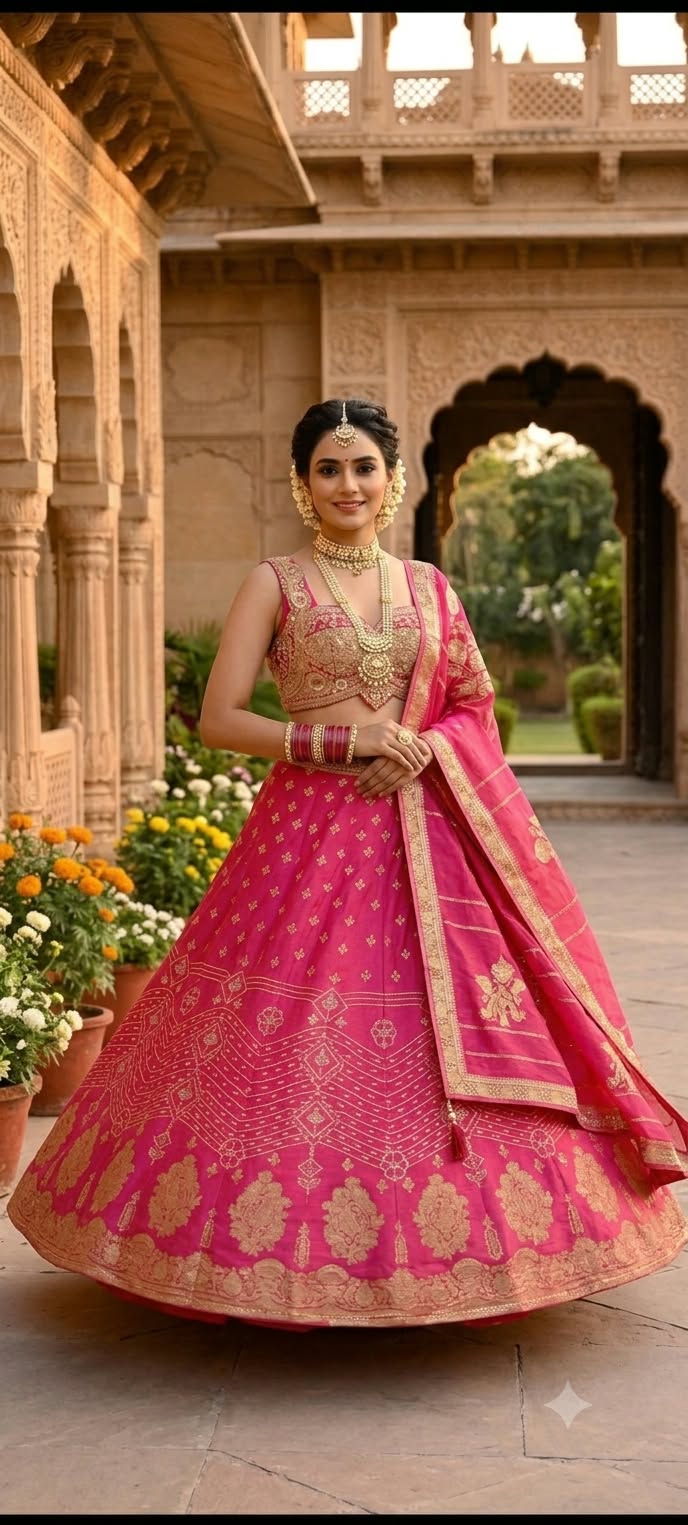 Rani Pink Silk Banarasi Heritage Lehenga Choli Set.