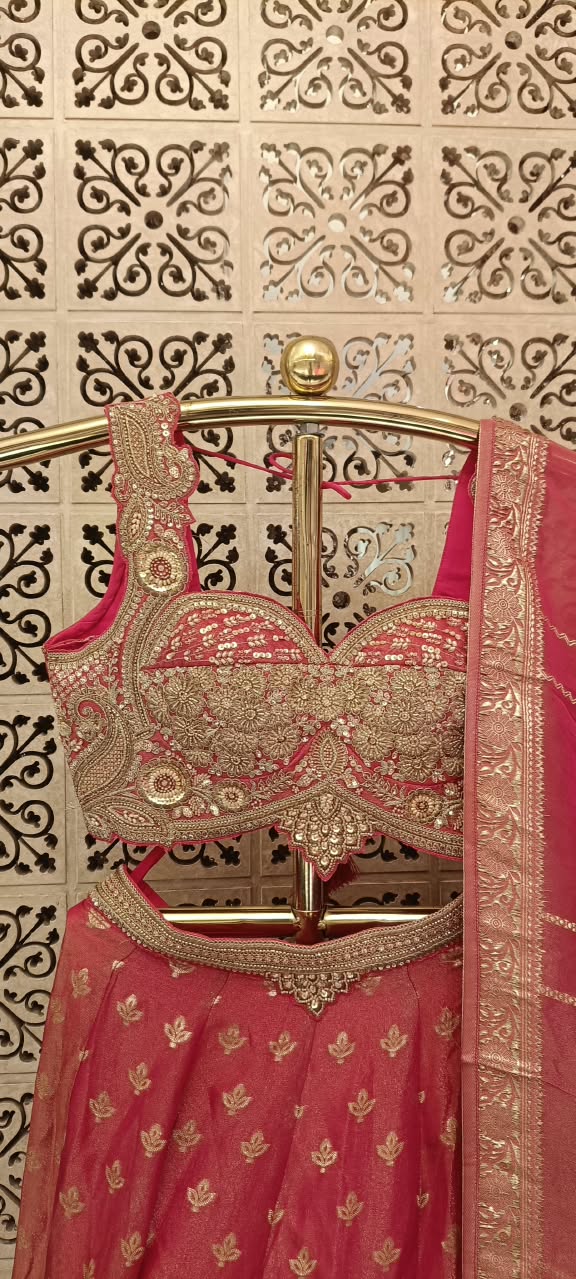 Rani Pink Silk Banarasi Heritage Lehenga Choli Set.