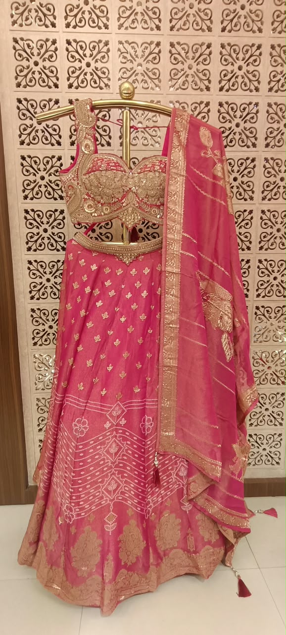 Rani Pink Silk Banarasi Heritage Lehenga Choli Set.