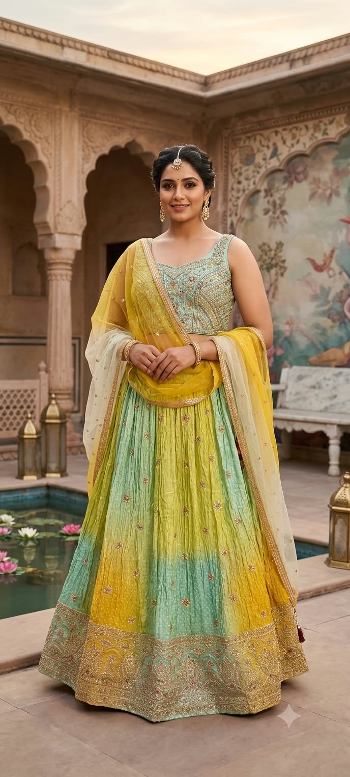Mustard Yellow Ombré Bandhani Lehenga Choli Set