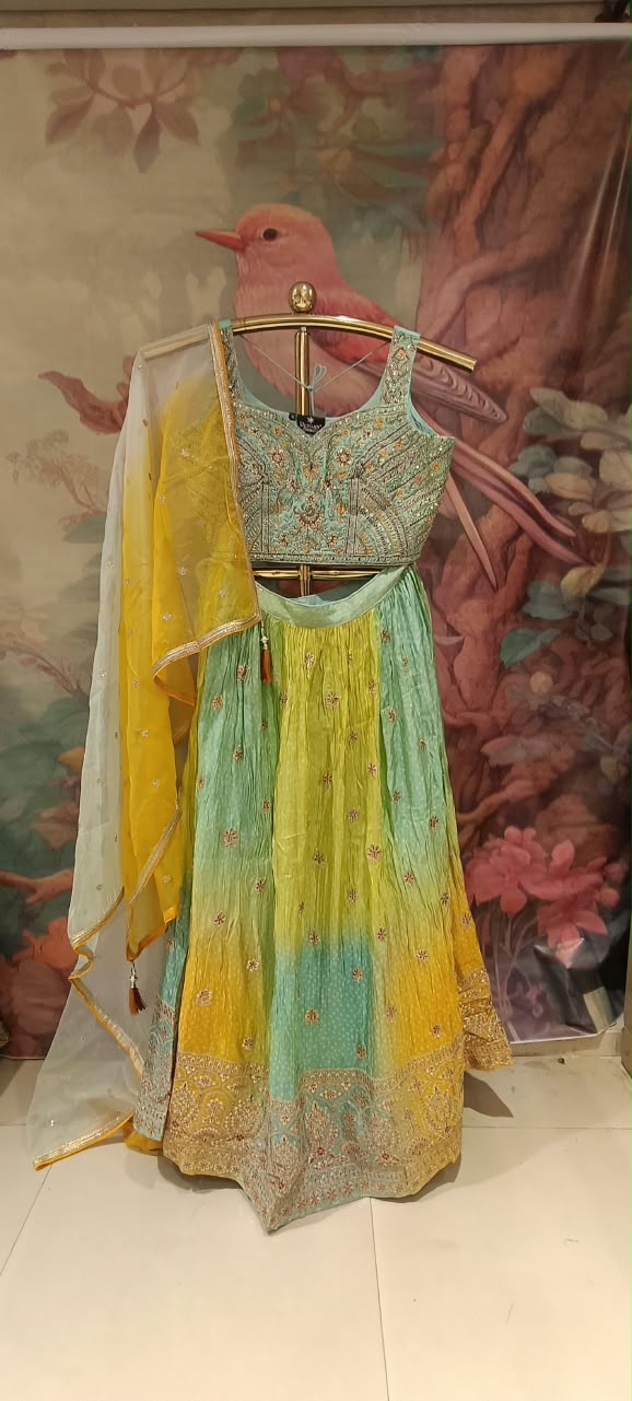 Mustard Yellow Ombré Bandhani Lehenga Choli Set