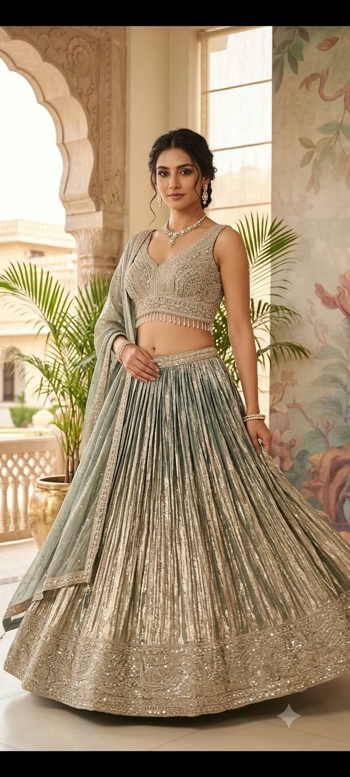 The premium event with our luxurious three-piece Metallic Sage Lehenga Choli Set.