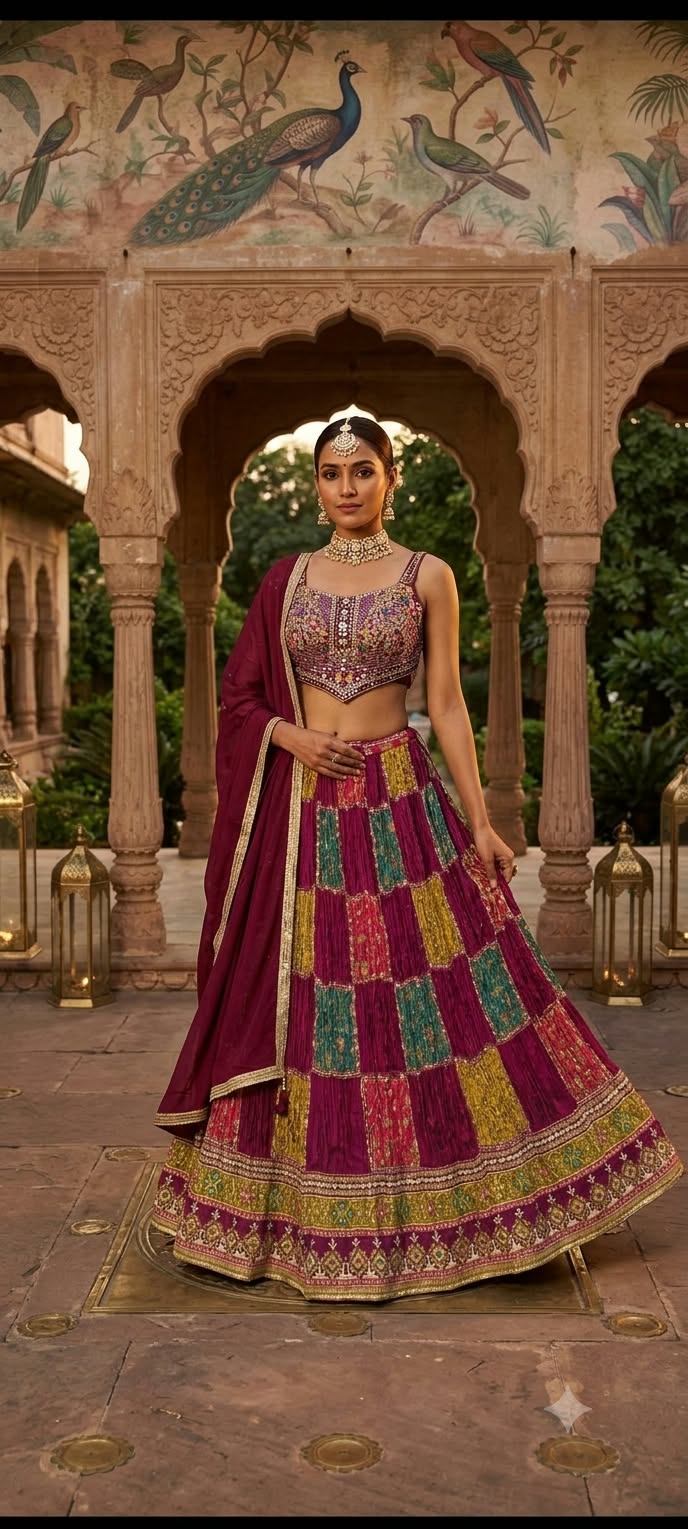Three-Piece Jewel-Toned Patchwork Lehenga Choli Set.