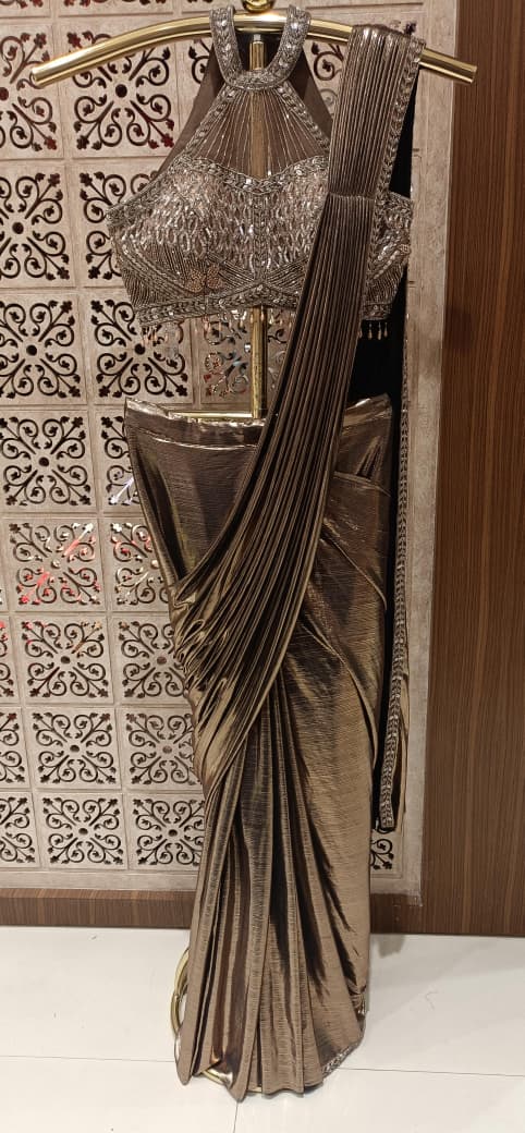 Metallic Bronze Shimmer Ready-to-Wear Saree with Heavily Embellished Halter Blouse.
