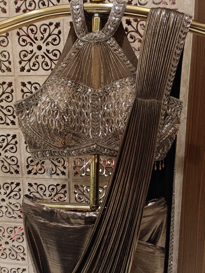 Metallic Bronze Shimmer Ready-to-Wear Saree with Heavily Embellished Halter Blouse.