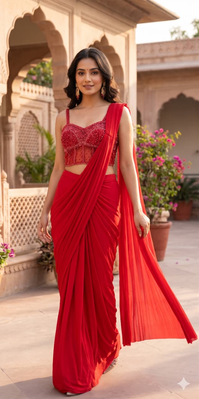 Crimson Red Ready-to-Wear Saree, the ultimate blend of timeless elegance and effortless modern tailoring.